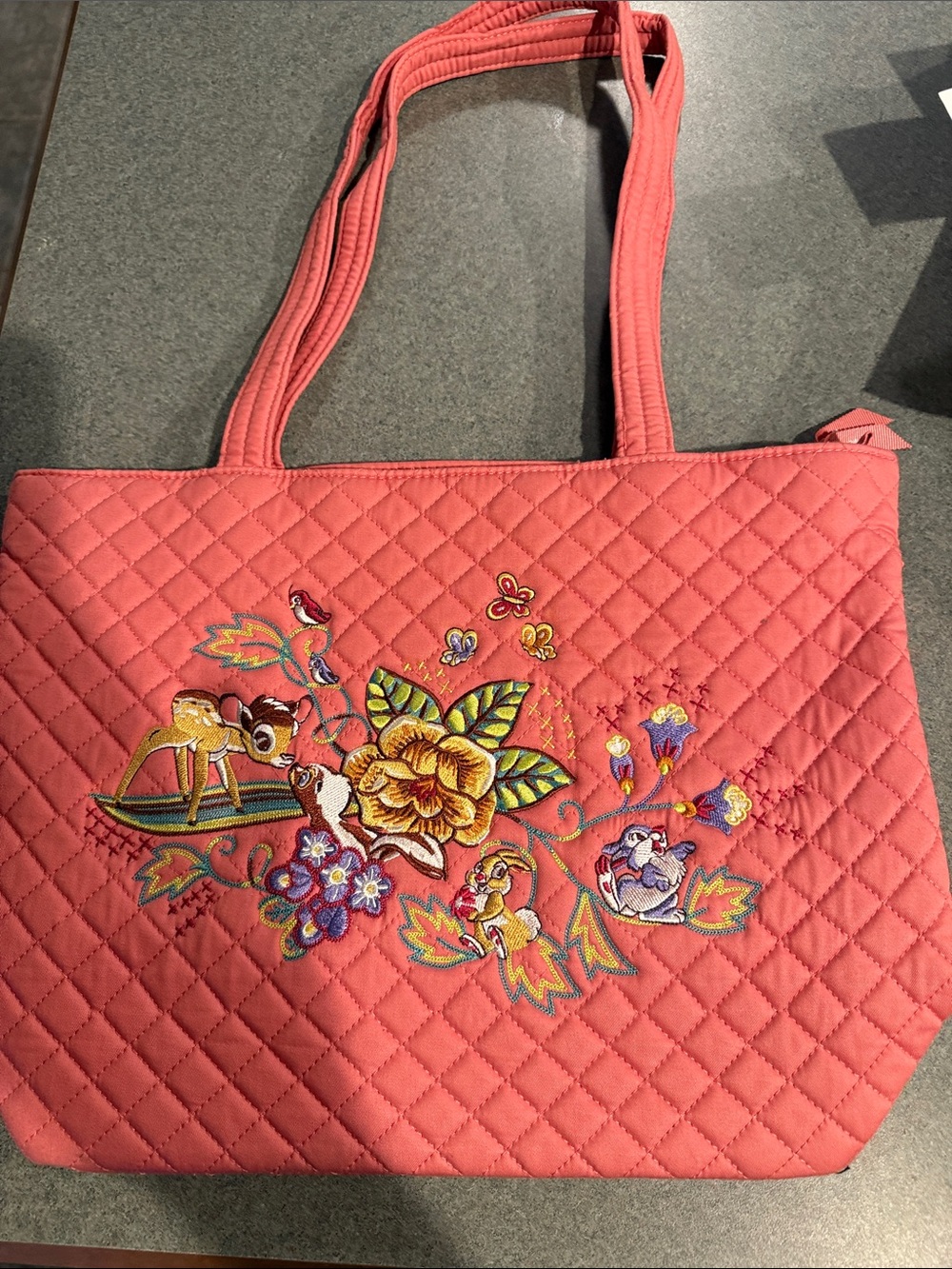 Vera Bradley Coral Quilted Tote with Colorful Floral Embroidery